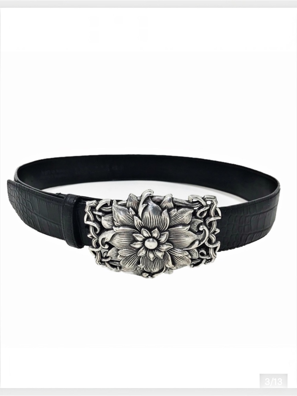 Sandy Duftler Black Embossed Leather Belt w/ Oversized Floral Silver Buckle Boho